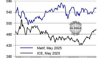 Tägliche Futures für Raps und Canola (US-$/T) von Juli 2024 bis Februar 2025, mit zwei Linien für Matif und ICE im Vergleich. (automatisch generiert durch KI)